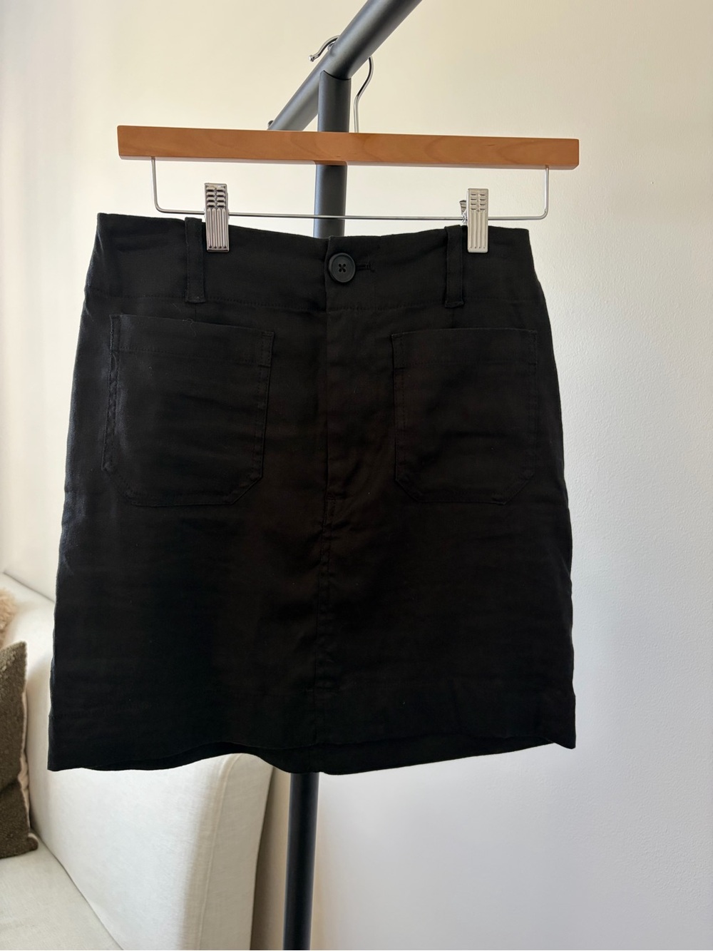 Anthropologie Black Linen Mini Skirt with Front Pockets
